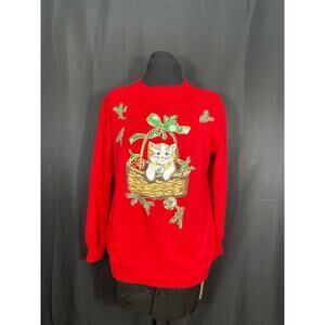 Vintage Ugly Christmas Red Sweatshirt, Kitty in a Basket, Blair